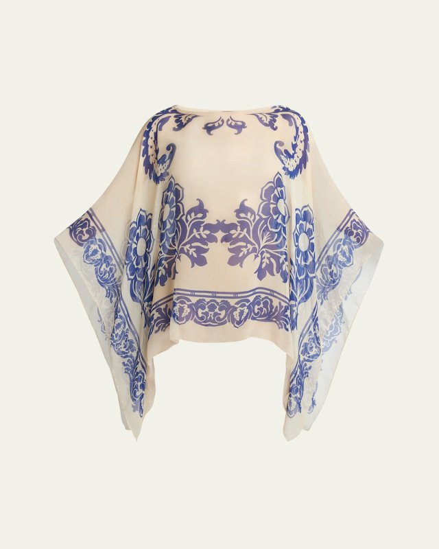 Floral Printed Silk Poncho